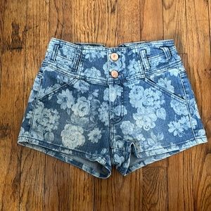 High waist, Jean shorts. Size 0. Floral.
